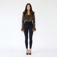 Cropped Faux Leather Jacket with Shaggy Faux Fur Trim