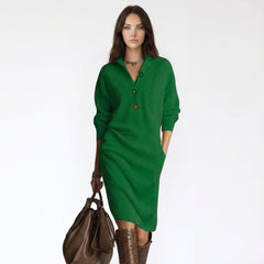 Long-Sleeve Ribbed Knit Henley Midi Dress
