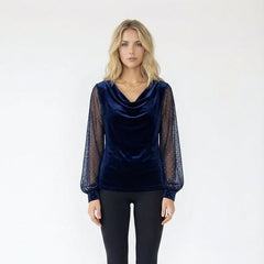 Cowl Neck Velvet Blouse with Sheer Mesh Sleeves
