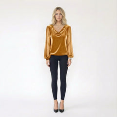 Cowl Neck Velvet Blouse with Sheer Mesh Sleeves