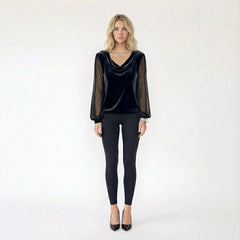 Cowl Neck Velvet Blouse with Sheer Mesh Sleeves