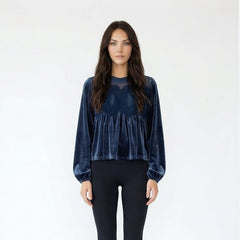 Lace Appliqué Velvet Long Sleeve Blouse with Mock Neck