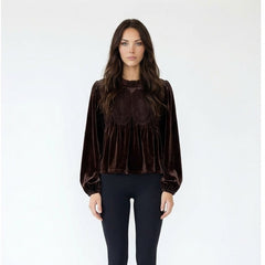 Lace Appliqué Velvet Long Sleeve Blouse with Mock Neck