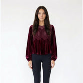 Lace Appliqué Velvet Long Sleeve Blouse with Mock Neck