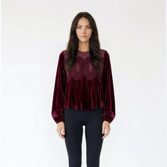Lace Appliqué Velvet Long Sleeve Blouse with Mock Neck