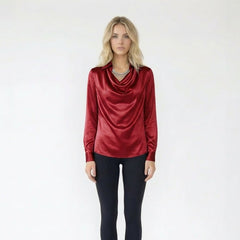 Elegant Satin Long Sleeve Blouse with Cowl Neckline