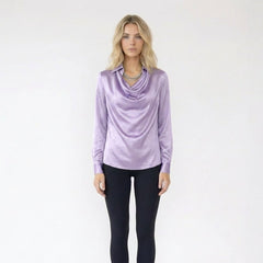 Elegant Satin Long Sleeve Blouse with Cowl Neckline