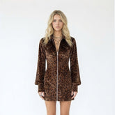Leopard Print Velvet Zip-Front Mini Dress with Collared Neck
