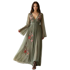 Floral Embroidered V-Neck Maxi Dress with Sheer Sleeves