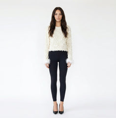 Sequin-Embellished Cropped Top with Faux Fur Cuffs