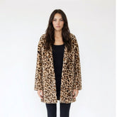 Leopard Print Faux Fur Notch Lapel Coat