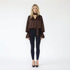 Satin Lantern Sleeve Blouse with Scarf Tie