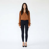 Feather-Trimmed Satin Button-Down Blouse