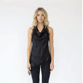 Black Satin Lace-Trim Asymmetric Halter Top
