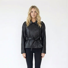Belted Faux Leather Jacket with Notched Lapels and Epaulettes