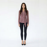 Semi-Sheer Shimmer Button-Up Shirt with Matching Skinny Scarf