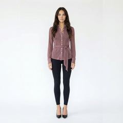 Semi-Sheer Shimmer Button-Up Shirt with Matching Skinny Scarf