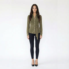 Semi-Sheer Shimmer Button-Up Shirt with Matching Skinny Scarf