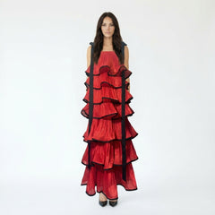 Vibrant Tiered Ruffle Maxi Dress with Contrast Ribbon Straps