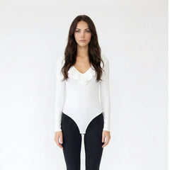 Ruffle-Trim V-Neck Long-Sleeve Bodysuit