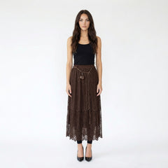 Boho-Chic Tiered Lace Maxi Skirt with Tassel Belt