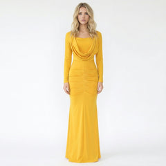 Drape Neck Ruched Long Sleeve Bodycon Maxi Dress