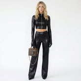 Zip-Up Crop Top and Wide Leg Pant Set
