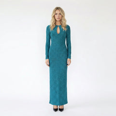 Keyhole Cutout Long Sleeve Shimmer Maxi Dress