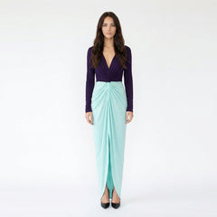 Long Sleeve Twisted Waist Two-Tone Maxi Dress