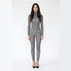 Houndstooth Print Mock-Neck Bodycon Jumpsuit
