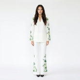 Floral Embroidered V-Neck Top and Flare Pant Set