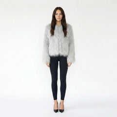 Collarless Shaggy Faux Fur Jacket