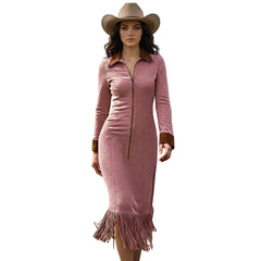 Western Zip-Front Midi Dress with Fringe Hem