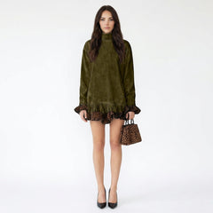 Mock Neck Velvet Ruffle Leopard Trim Tunic