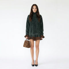 Mock Neck Velvet Ruffle Leopard Trim Tunic