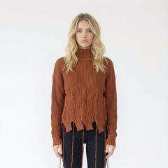 Distressed Crew Neck Chunky Knit Sweater