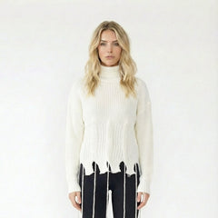 Distressed Crew Neck Chunky Knit Sweater