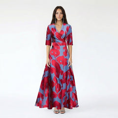 V-Neck Bishop Sleeve Floral Print Maxi Dress