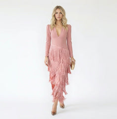 V-Neck Puff Sleeve Fringed Tassel Maxi Dress