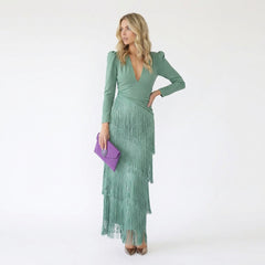 V-Neck Puff Sleeve Fringed Tassel Maxi Dress