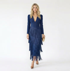 V-Neck Puff Sleeve Fringed Tassel Maxi Dress
