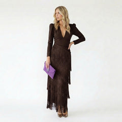 V-Neck Puff Sleeve Fringed Tassel Maxi Dress