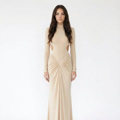 Mock Neck Long Sleeve Cut-Out Ruched Maxi Dress