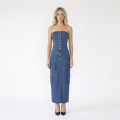 Strapless Button-Front Denim Cargo Maxi Dress