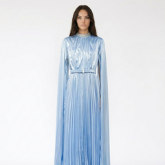 Metallic Pleated High Neck Gown with Extra Long Sleeves