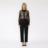 Long Sleeve Floral Lace Button-Down Bodysuit with Collar