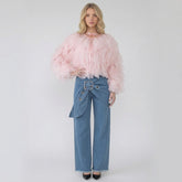 Sheer Ruffled Tulle Long Sleeve Cropped Blouse