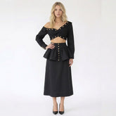 One-Shoulder Studded Crop Top and Peplum Midi Skirt Set