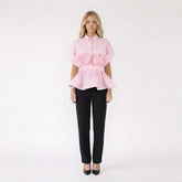Short Sleeve Ruffle Peplum Button-Down Shirt Blouse