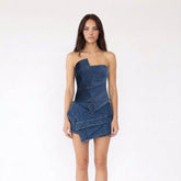 Asymmetric Studded Denim Strapless Corset Top